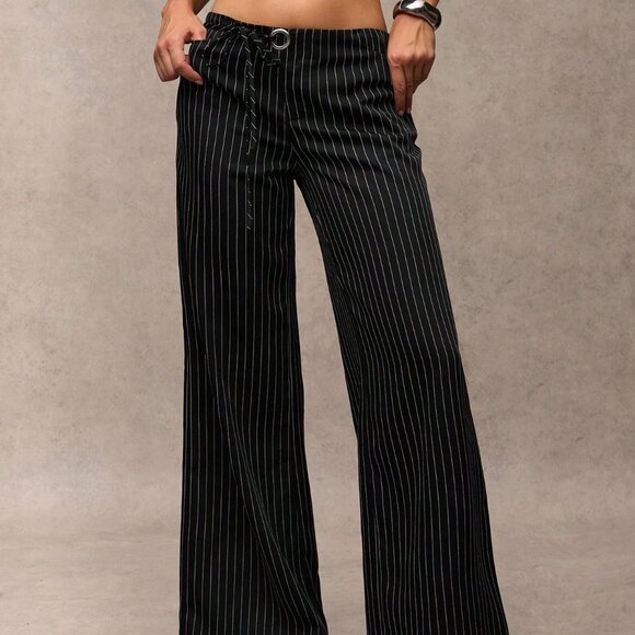 Black Casual Women's Striped Wide-Leg Pants - Picture 3 of 7